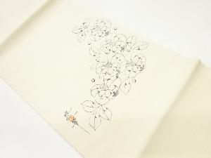 作家物　手織り紬手描き花々模様開き名古屋帯（額縁仕立て）